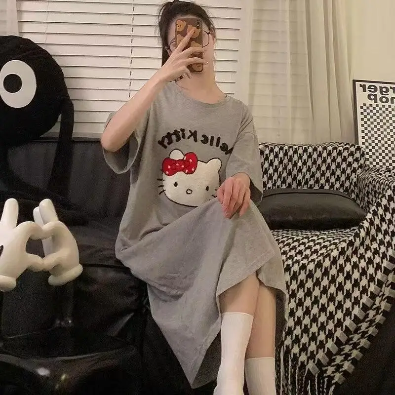 Miniso أنيمي مرحبا كيتي بيجامة فستان الصيف تقليد القطن النوم تنورة الكرتون المألوف فضفاض المنزل الملابس في الهواء الطلق الهدايا