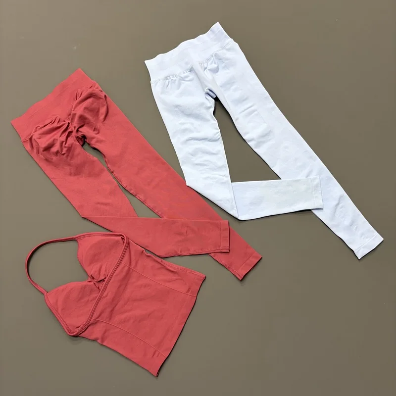 2 Pcs Gym Set Women Backless Longline Strappy Halter Tops Seamless Breathable Yoga Leggings Suits Fitness Workout Sports Sets