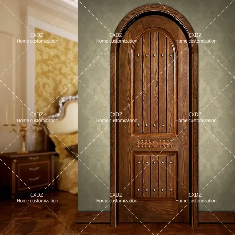 Round Arch Solid Wood Casement Door Custom Carved Rivets Special Shaped Indoor Kitchen Bathroom Study Home Decoration