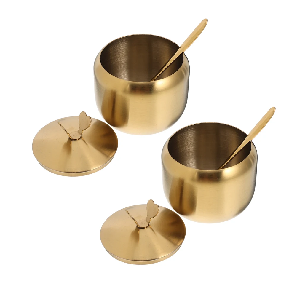 

2Pcs Stainless Steel Condiment Container Spoon Lid Seasoning Jars Kitchen Elegant Design Airtight Freshness Salt Pepper Storage