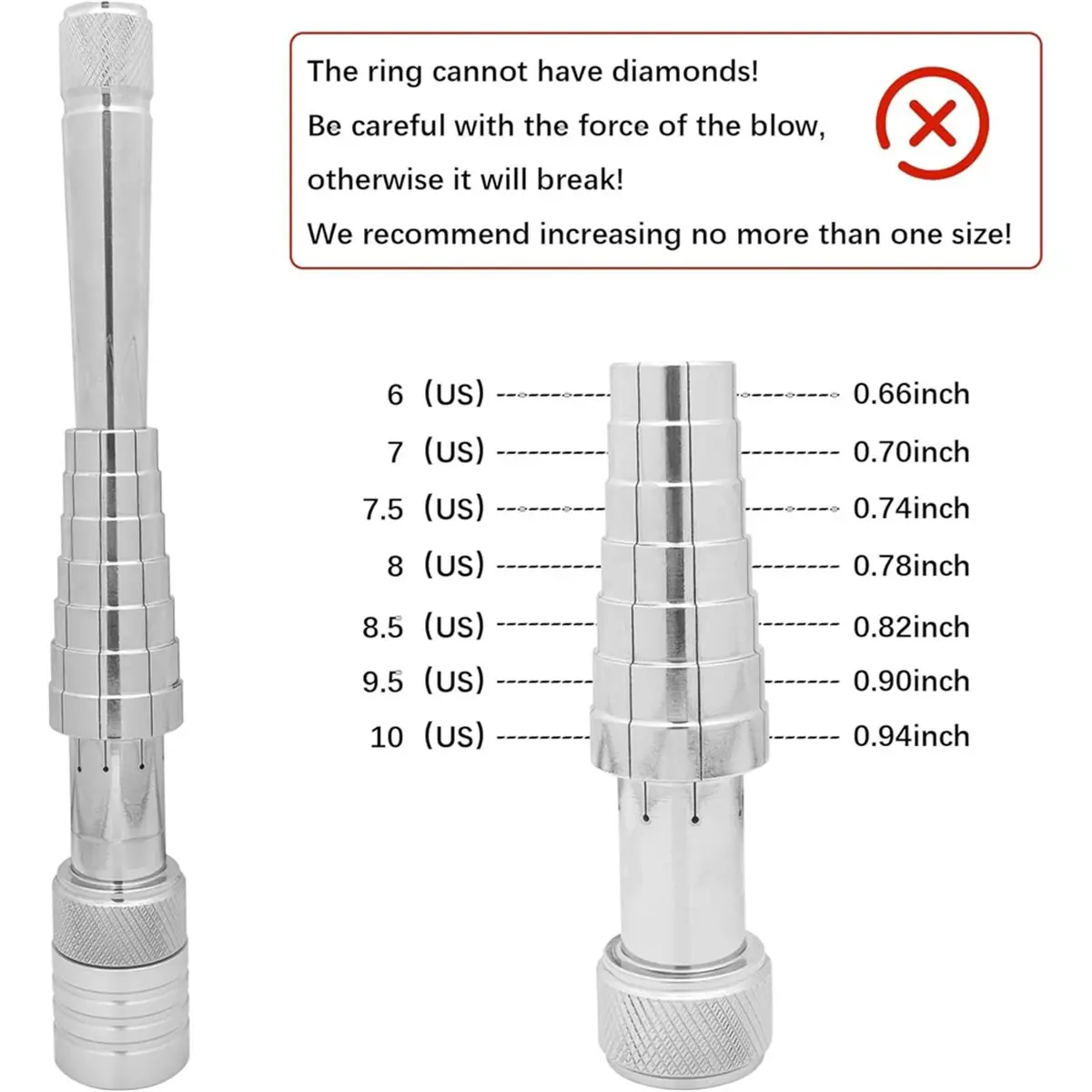 

Инструмент для регулировки размера кольца N94R используется для увеличения внутреннего диаметра мягких металлических колец и оснащен резиновым молотком.