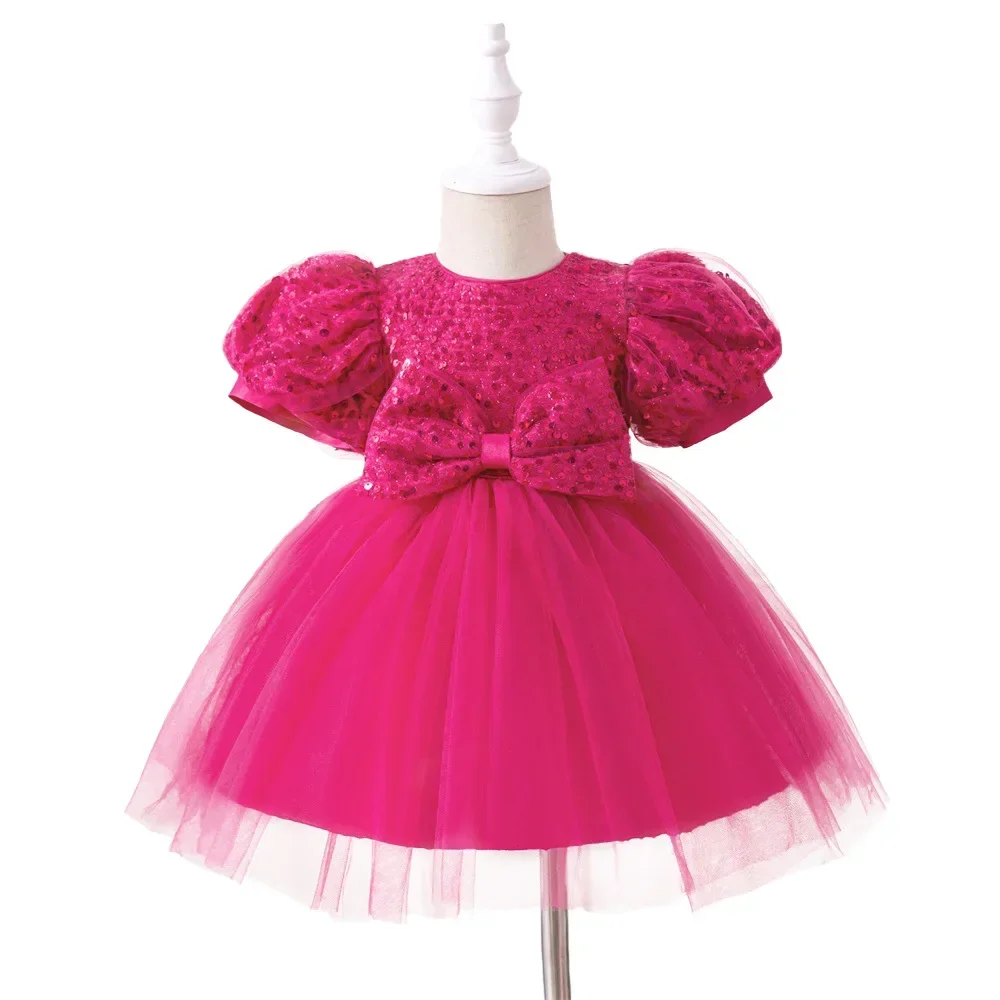 Infant Vintage Pink Birthday Baptism Party Dress Girls Sequin Bow Dress Baby Girl Lace Costume Kids Fashion Evening Prom Gown