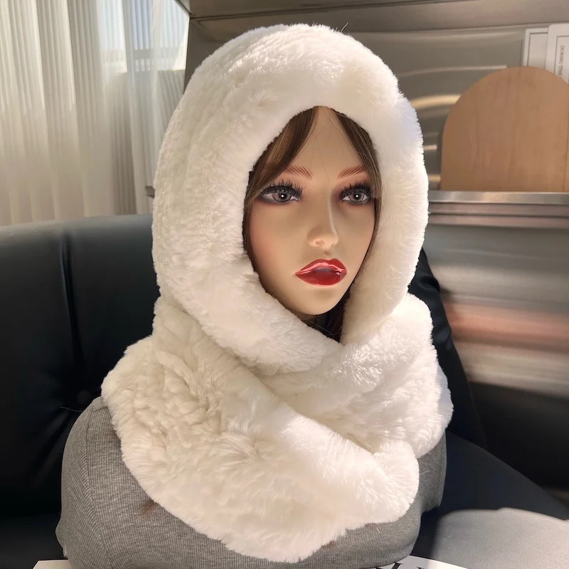 Fashion Winter Women Real Fur Caps Warm 100% Rabbit Fur Hat Casual Plush Hat Scarf  Casual Solid Women Caps Windproof Scarf Cap