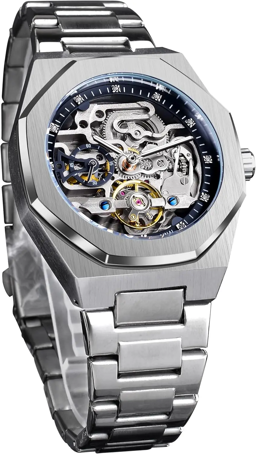 Vintage Automatic Mechanical Watch for Men with Luminous Moon Phase, Big Dial, Golden Hollow Design