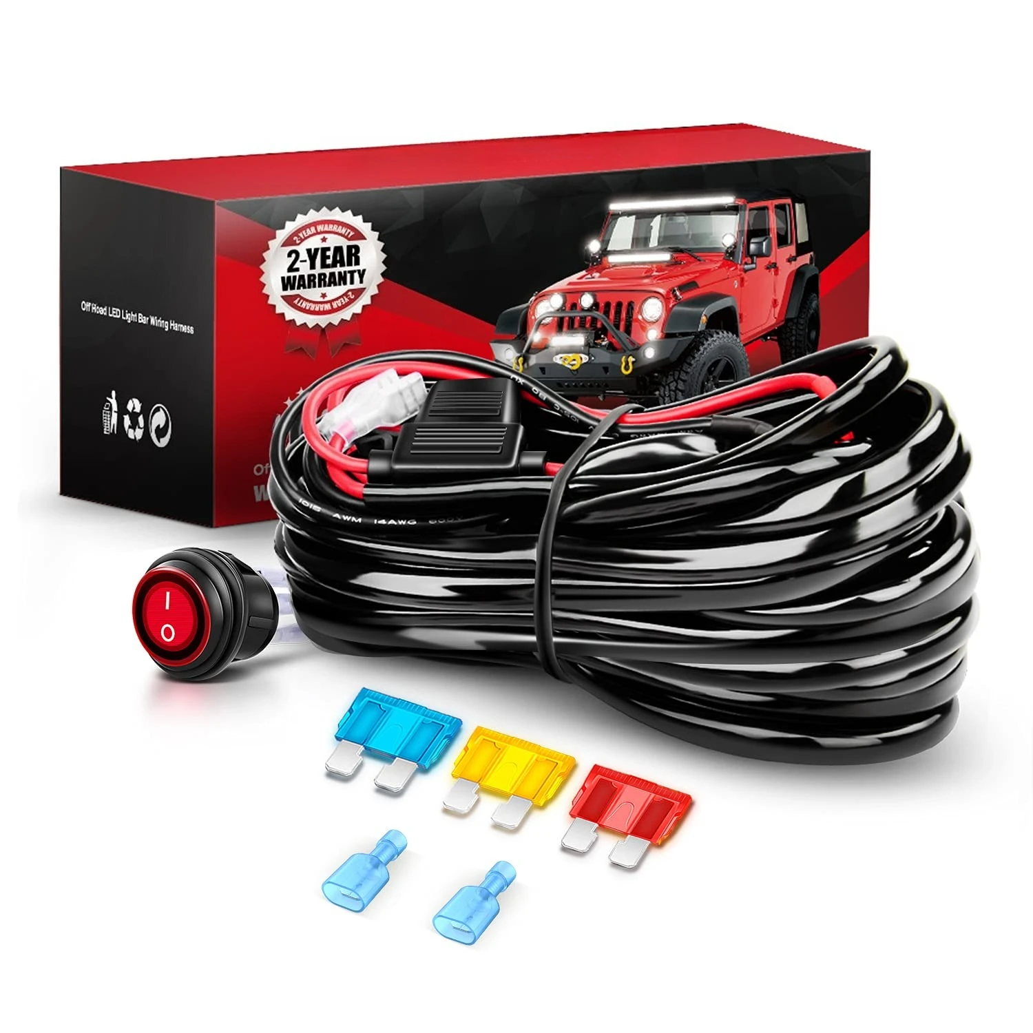 Wiring Harness Kit 14AWG Heavy Duty 12V On-Off Switch Power Relay Blade Fuse for Off Road LED Work Light Bar-ONE Lead