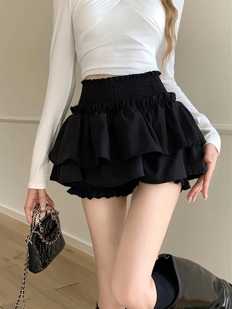 Zoki Sexy Ruffles Sweet Skirt Women High Waist Fashion Mini Cake Skirt Korean Preppy Style Kawaii Casual Lady Cute Shorts Skirt