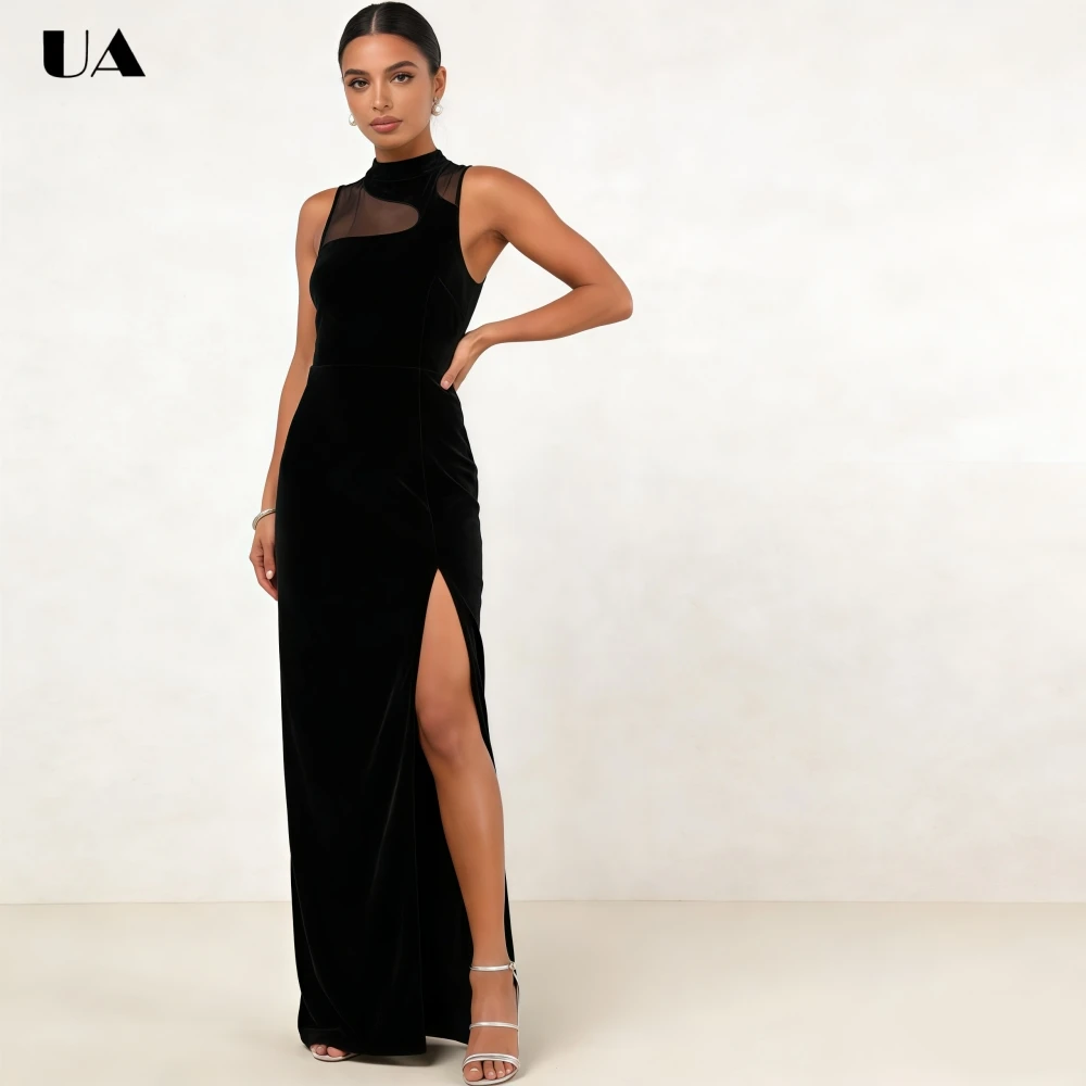 

ULBYANRY Sexy Sleeveless Patchwork High-slit Prom Dress Elegant Velvet Customized Half High Neck Evening Dress Solid Party Dress