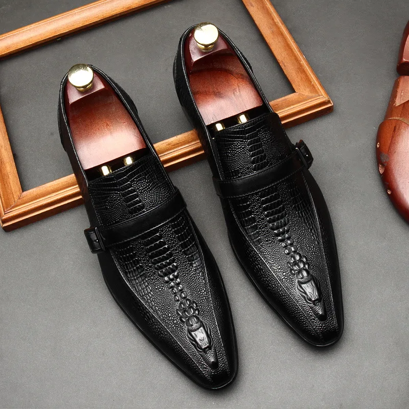 HNXC Mens Penny Loafer Shoes Genuine Leather Black Brown Crocodile Pattern Wedding Party Dress Shoes Men Casual Leather Shoe