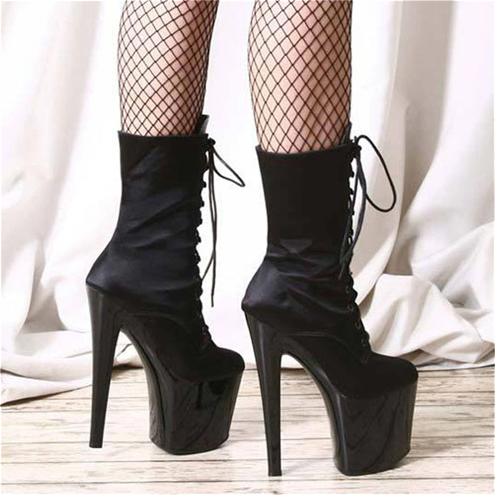 ​20CM Suede Lace-Up Thigh Boots Black, Velvet Platform Stiletto Heels with Chunky Sole & Fishnet Socks, Gothic Retro Style​