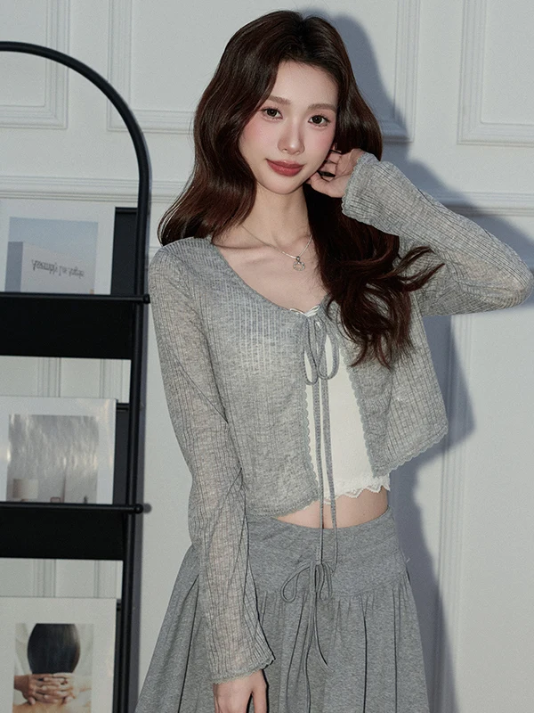 

Meng Xiaoqi Women's Grey Translucent Belted Open Cardigan Spring Summer Short Waist-Cinching Slimming Gentle Sun Protection Top