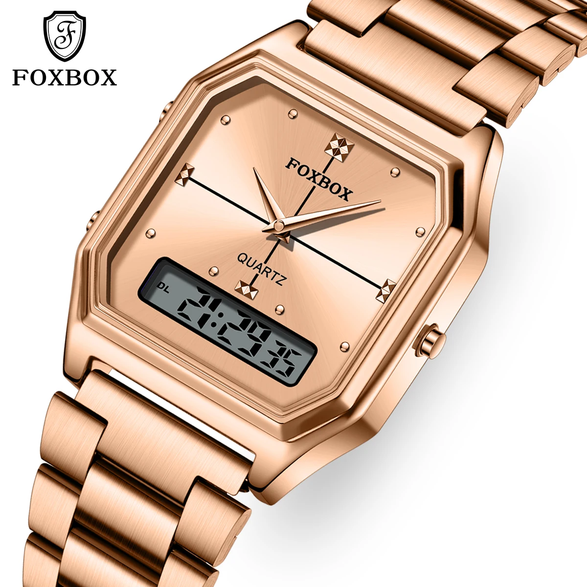 FOXBOX Top Brand Luxury Stainless Steel Chrono 3 Time Display Digital Wristwatches For Men Women 3bar Waterproof Reloj Hombre