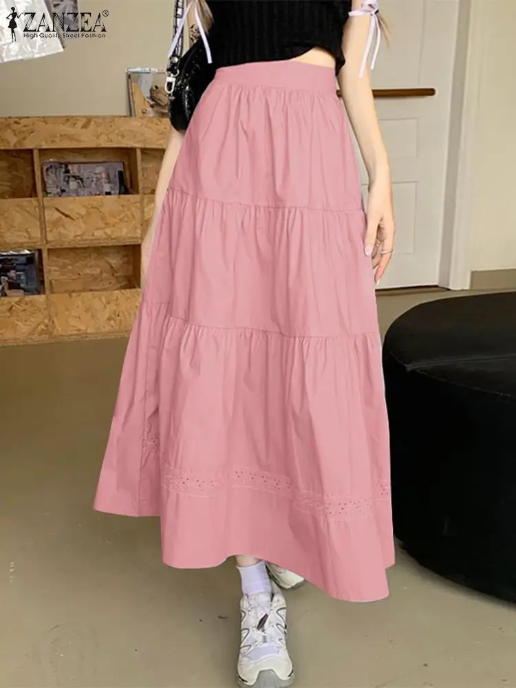 Elegant High Waist Midi Skirts ZANZEA Autumn Women Skirts Solid A-line Faldas Lace Vestidos Fashion Holiday Party Sundress 2024