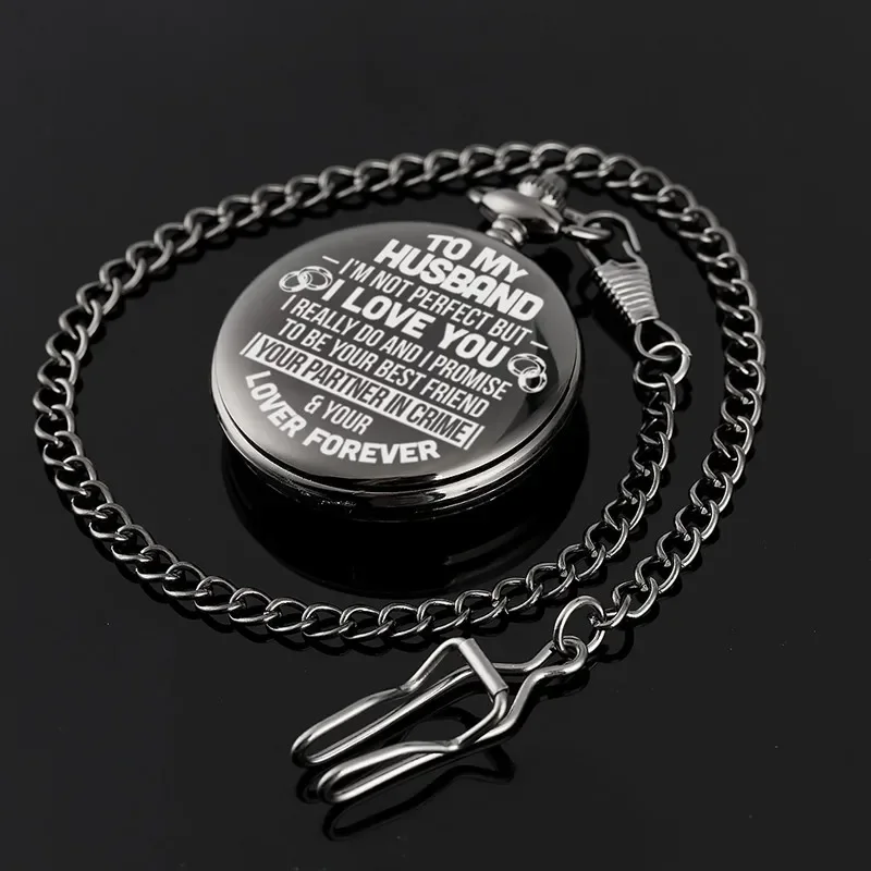 إلى زوجي أنا أحبك تصميم ساعة الجيب الرجالية الكوارتز التناظرية الساعات قلادة سلسلة ساعة الأرقام العربية على مدار الساعة هدية