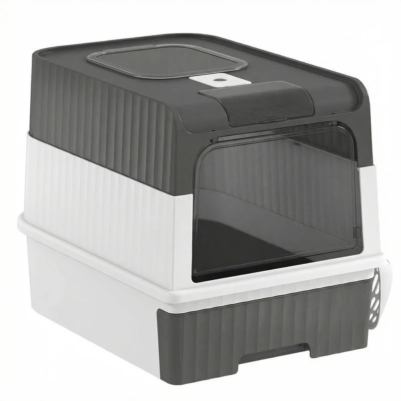 

Cat Litter Box Hooded Cat Litter Tray with Drawer Pan Front Entry & Top Exit Easy Cleaning Gray