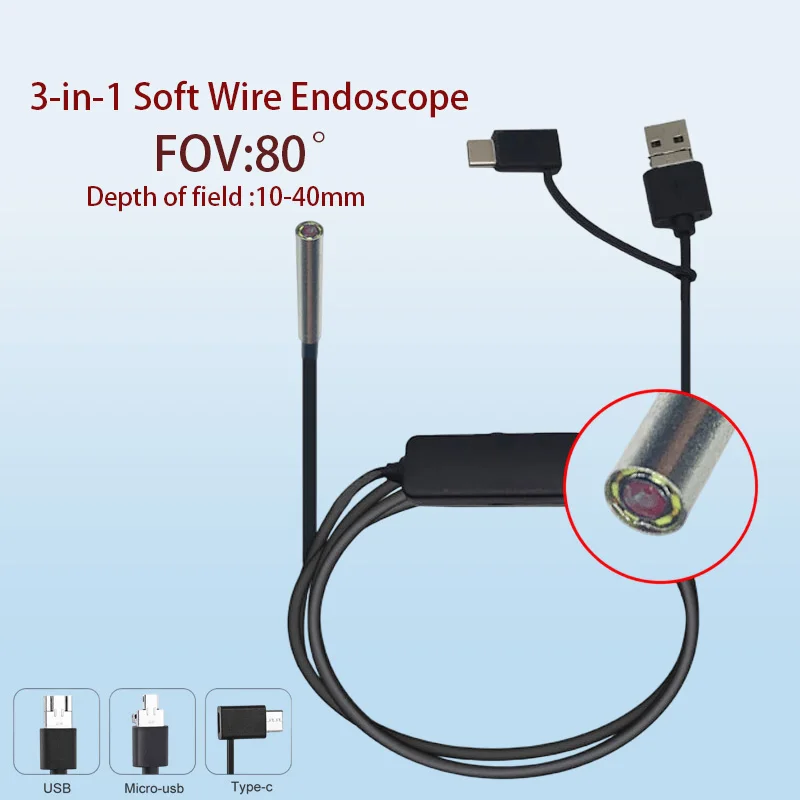 كاميرا المنظار الصناعي 1MP 3.3mm لفحص المحرك USB Type-C Android 3 في 1 مسبار المنظار السلكي الناعم
