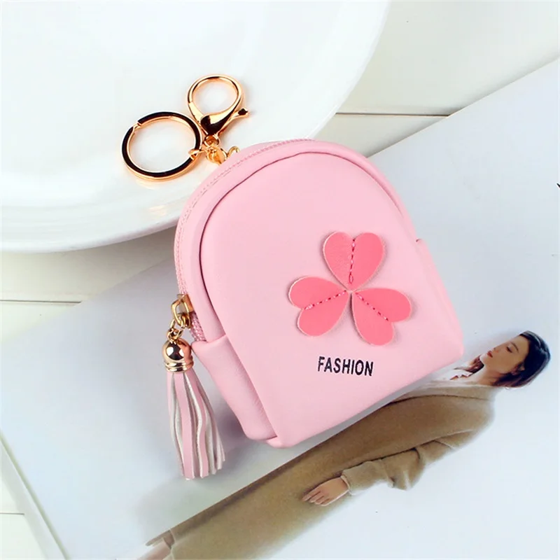 Clover dompet koin semanggi rumbai dompet kecil dompet gantungan kunci dompet koin tas organiser Earphone liontin cincin kunci hadiah anak perempuan