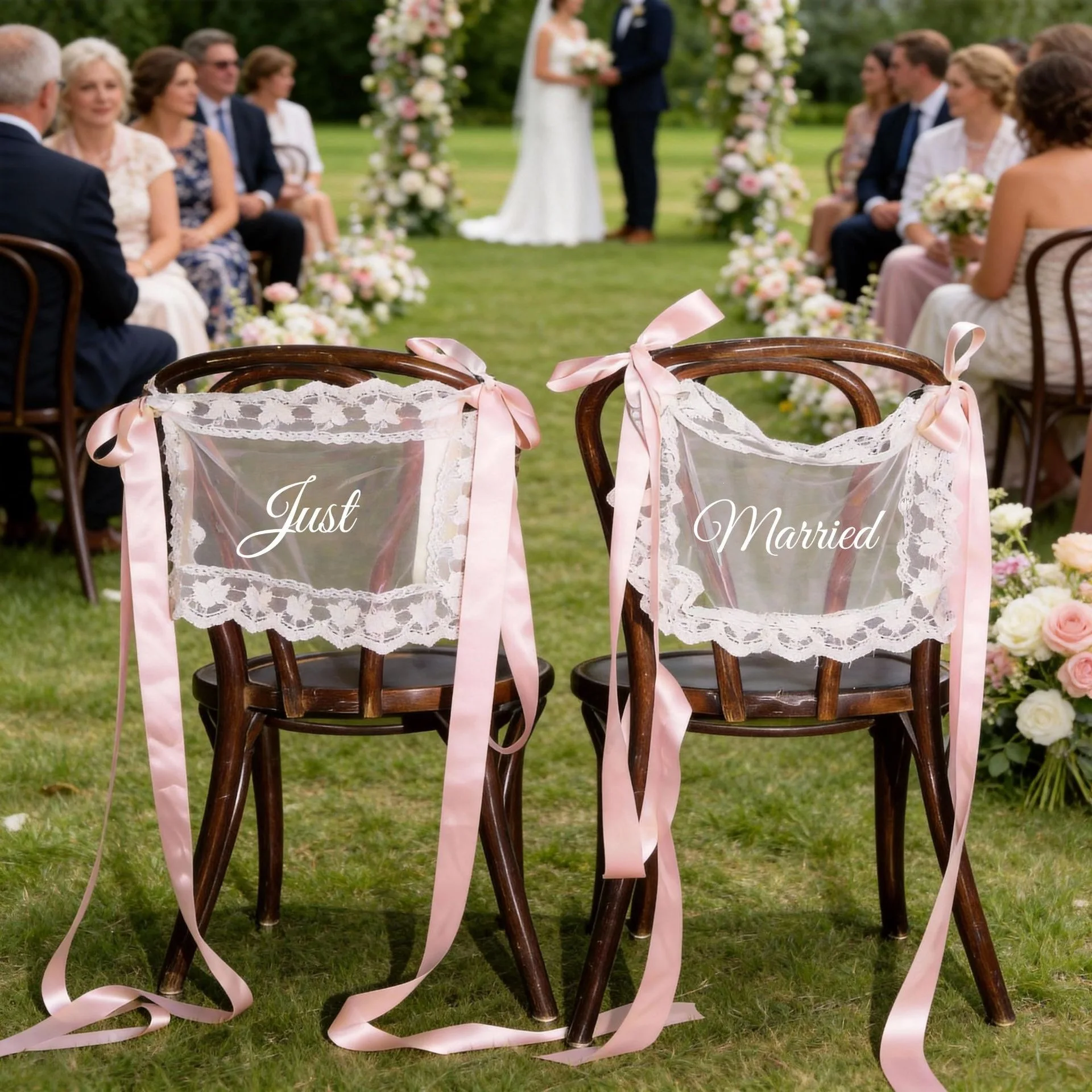 2 Pcs Lace Just Married Wedding Chair Signs Sweetheart Table Chairs Back Banners Covers Decorations with Ribbon
