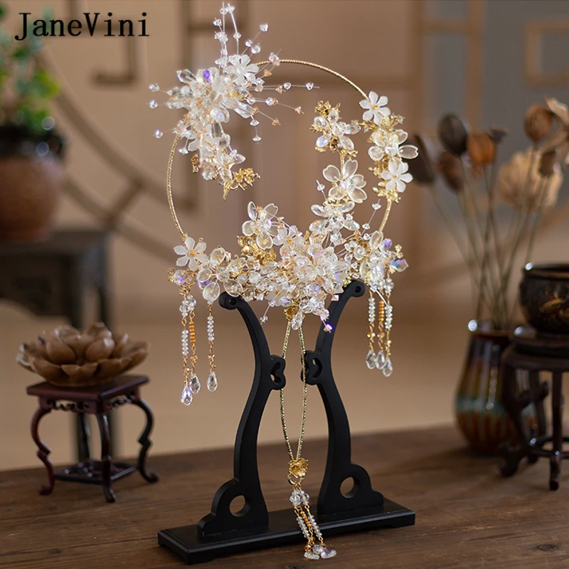 

JaneVini New Luxury Gold Chinese Bridal Bouquets Fan Type Artificial Flowers Beaded Metal Hollow Fan Wedding Jewelry Accessories