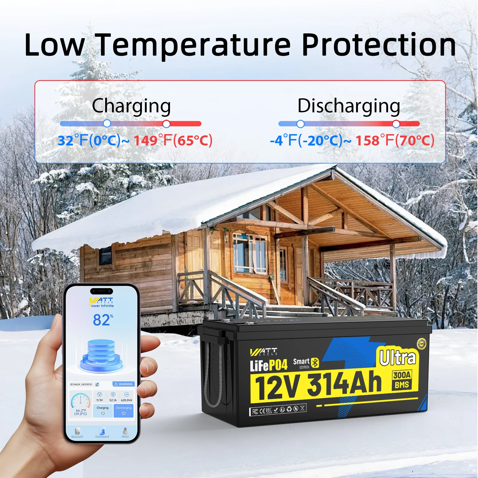 Akumulator Wattcycle 12V 314Ah Ultra LiFePO4 z BMS 300A i Bluetooth, 4019Wh, do kamperów/ łodzi/ UPS/ magazynowania energii w domu/ systemów off-grid