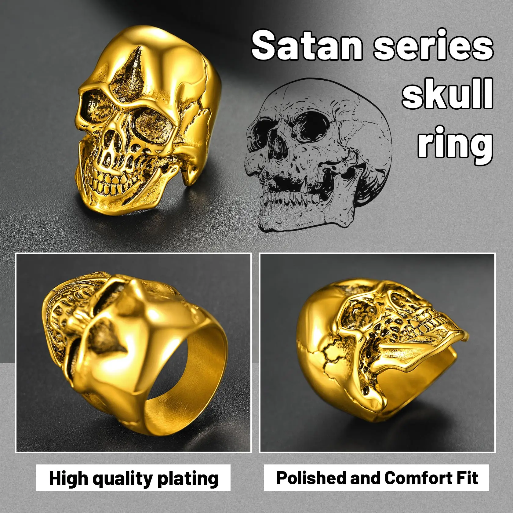 ChainsPro Gothic Skull Rings Stainless Steel 14K Gold Black Plated Band Skeleton Punk for Men Women Size 7-14 CP743