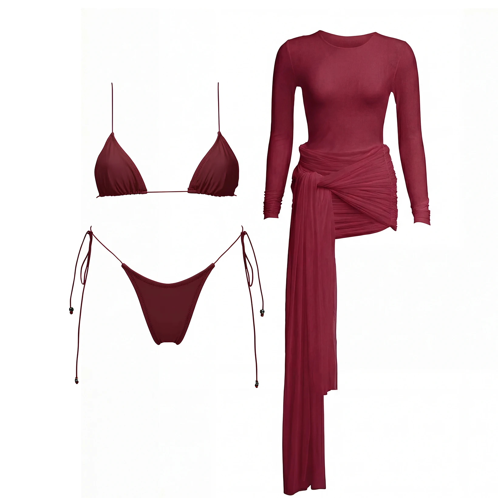 3-teiliger Mikro-Bikini mit Überwurf, Damen-Badeanzug, sexy Bikinis, Bandeau-Bikini, Damen-Bademode, Netzkleid, Badeanzüge, Strandkleidung