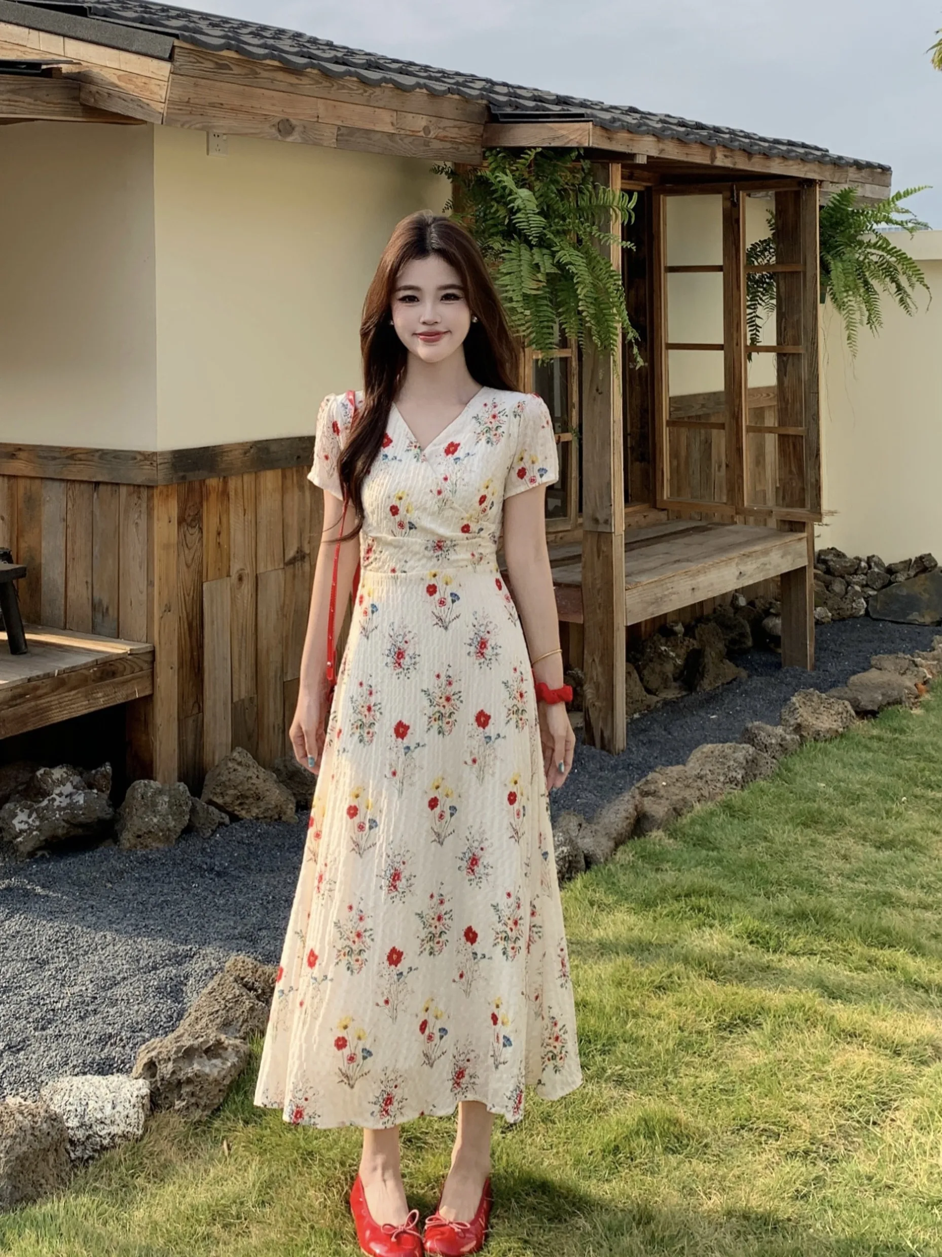 

plus Size Floral Print V-Neck Short Sleeve Women's Dress Summer New Style Waist Cinched A-Line Skirt Korean Style Commute Wind
