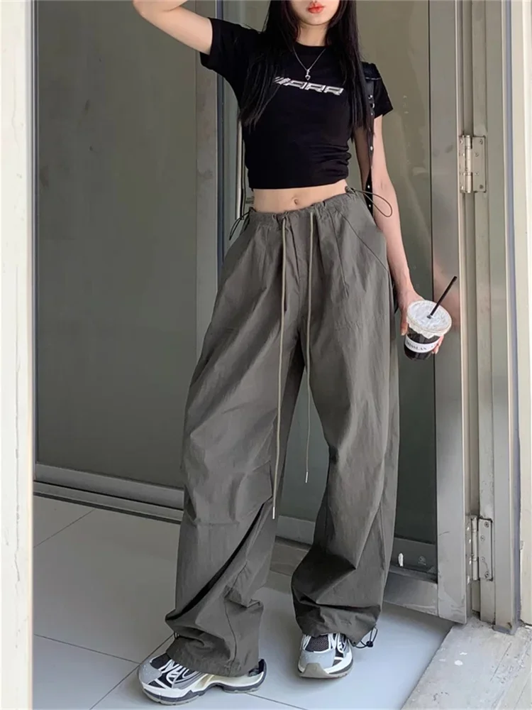 Harajuku Retro Gray Parachute Pants Woman Y2K Vintage Baggy Track Trousers Oversized Korean Fashion Streetwear Sweatpants