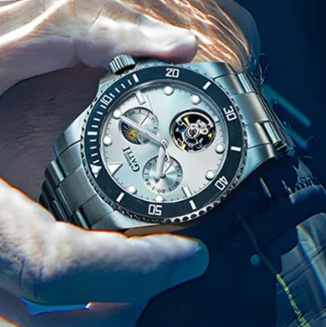 BONEST GATTI Men Automatic Watch Luxury 42mm Mechanical Wristwatch Sapphire Mirror Luminous Carbon Fiber Bezel 24 Hours Sun-Moon