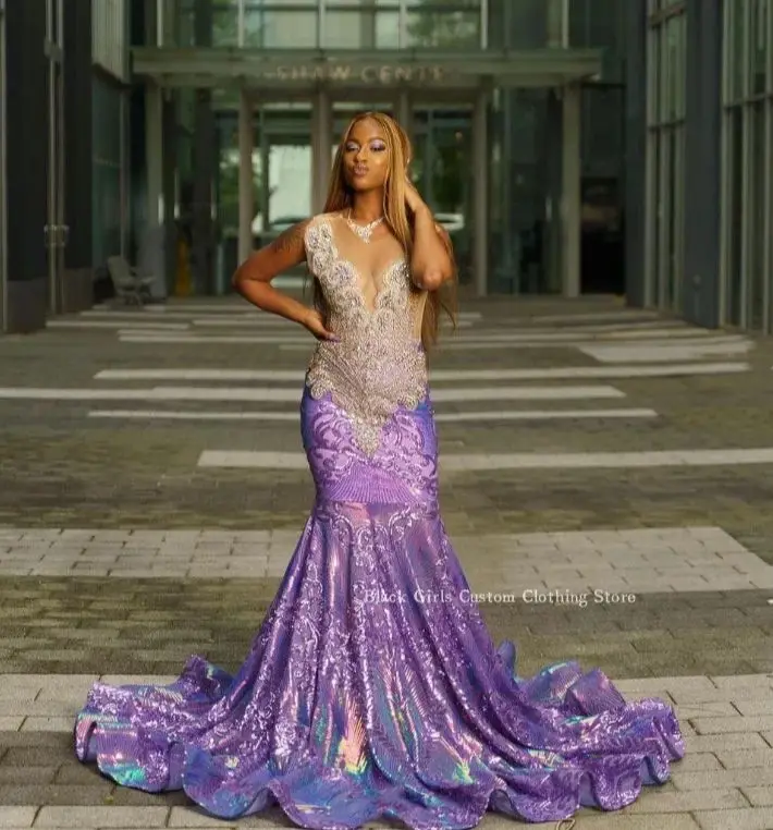 Dazzling Purple Ball Gowns Prom Dress 2024 Elegant Crystal Beaded African Women Red Carpet Dresses elegant womens party dresses