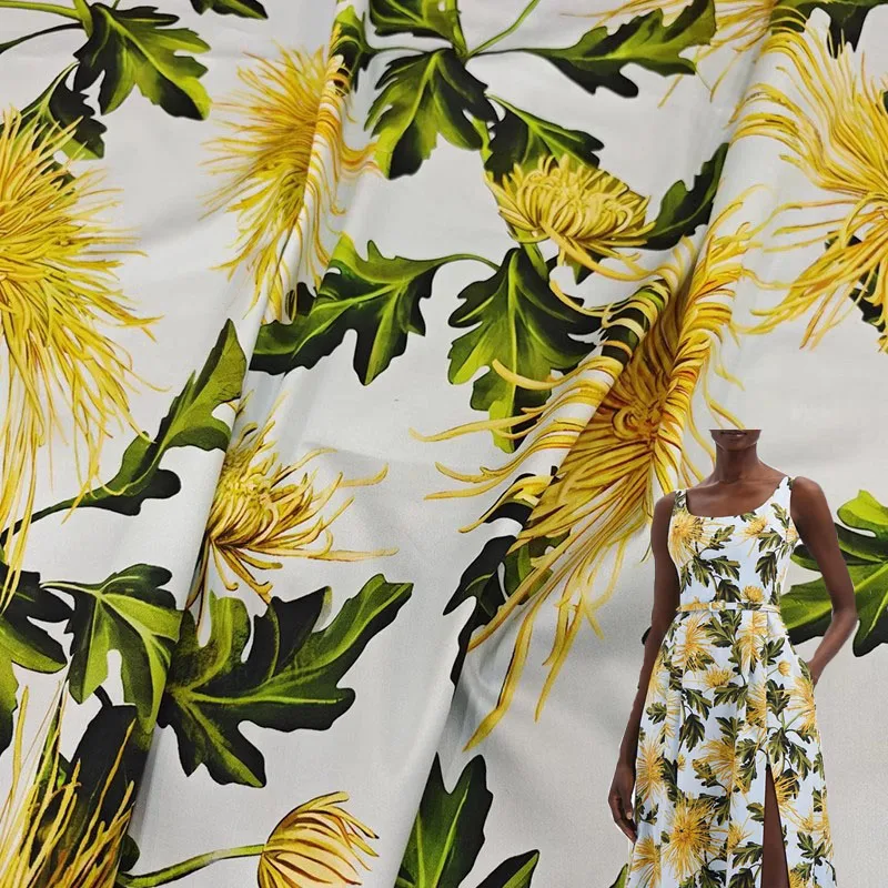 

Тонкая хлопковая сатиновая ткань с принтом желтых хризантем для женского платья/блузны, ткань «сделай сам», швейный материал