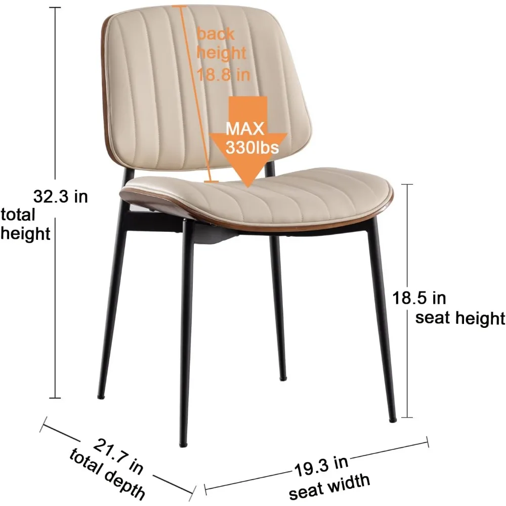 Juego de 2 sillas de comedor, sillas retro modernas de piel sintética de mediados de siglo con asiento tapizado de madera curvada de nogal, patas de metal