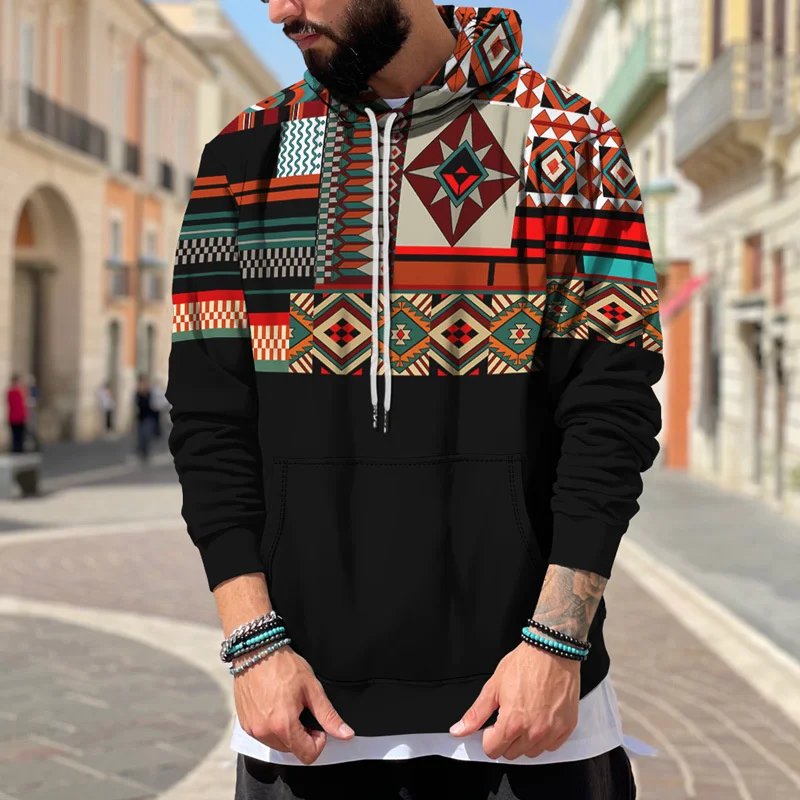 Aztec Geometric Pattern Hoodie For Men Retro 3D Printed Long Sleeves Autumn Casual Hoodies Oversized Sweatshirts Pullover Tops