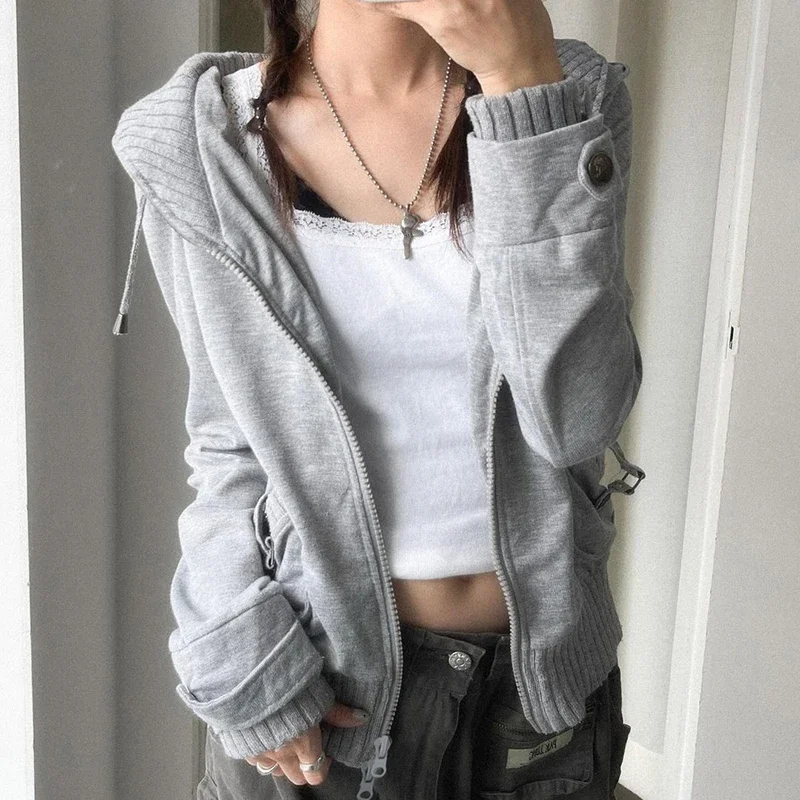 Pockets Double Zip-up Hoodie Vintage Loose Fit Hooded Sweatshirts Grey Casual Basic Cargo Cardigan Sportswear Womens