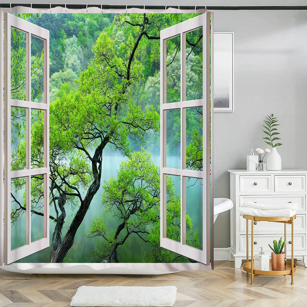 All kinds of 3D Forest landscape windows shower curtain home decoration curtains with hook  polyester waterproof curtain 240*180