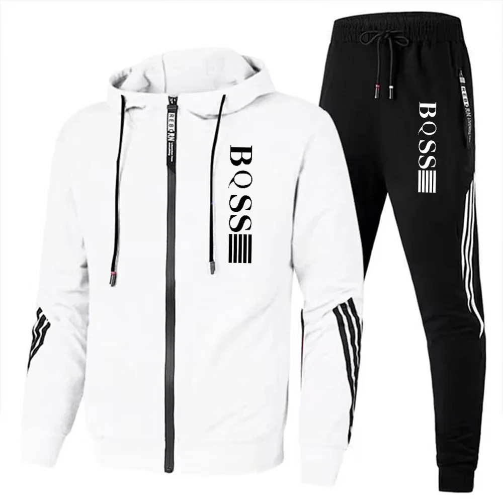 New Spring and Autumn men's sportswear set, outdoor hiking windproof and warm men's hooded jacket + jogging pants 2-piece set