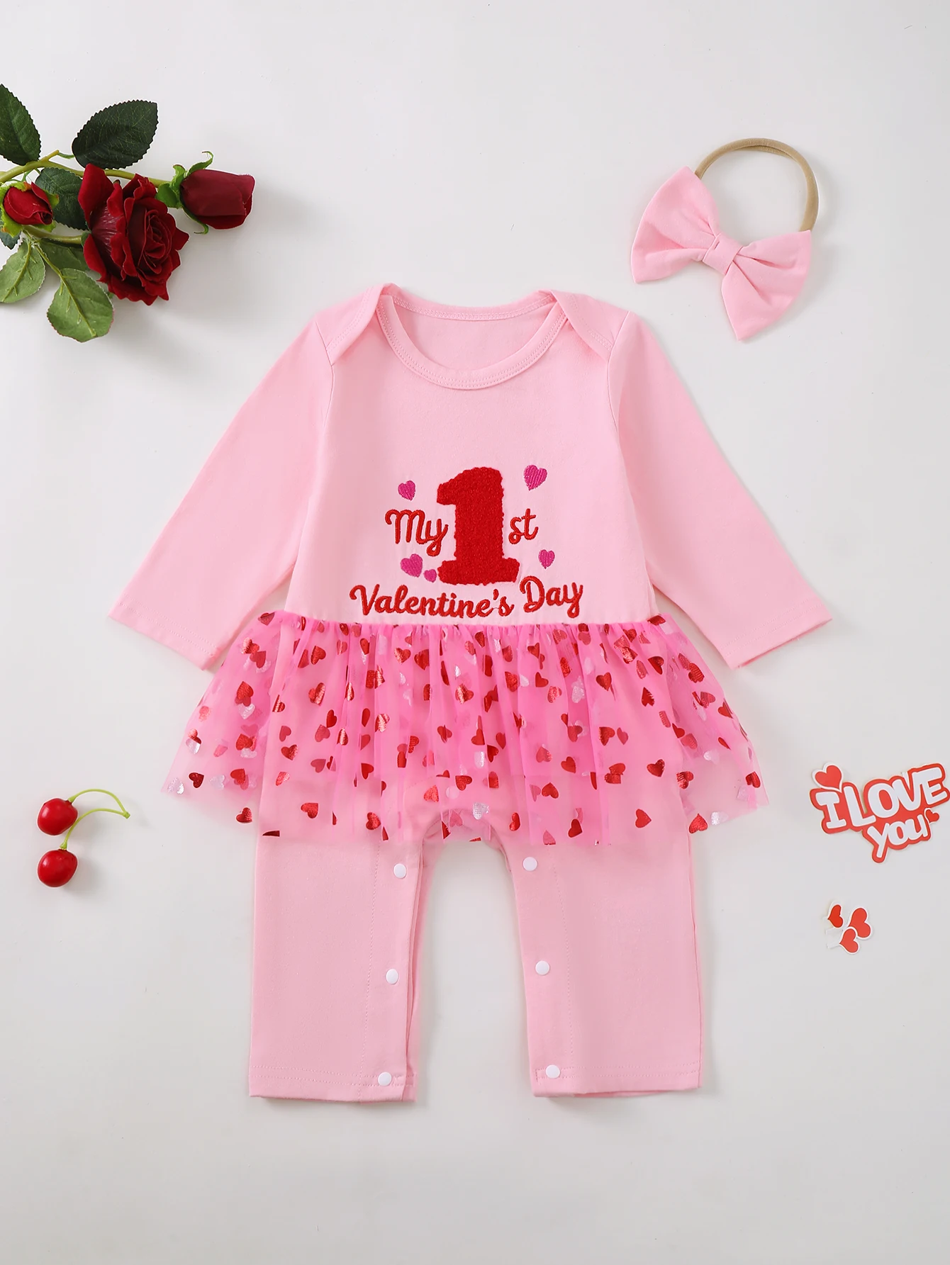 Valentinstag-Strampler für Babys, Mädchen, mit besticktem, niedlichem Buchstaben-Design und Stirnband, Babykleidung, Säuglings-Outfit
