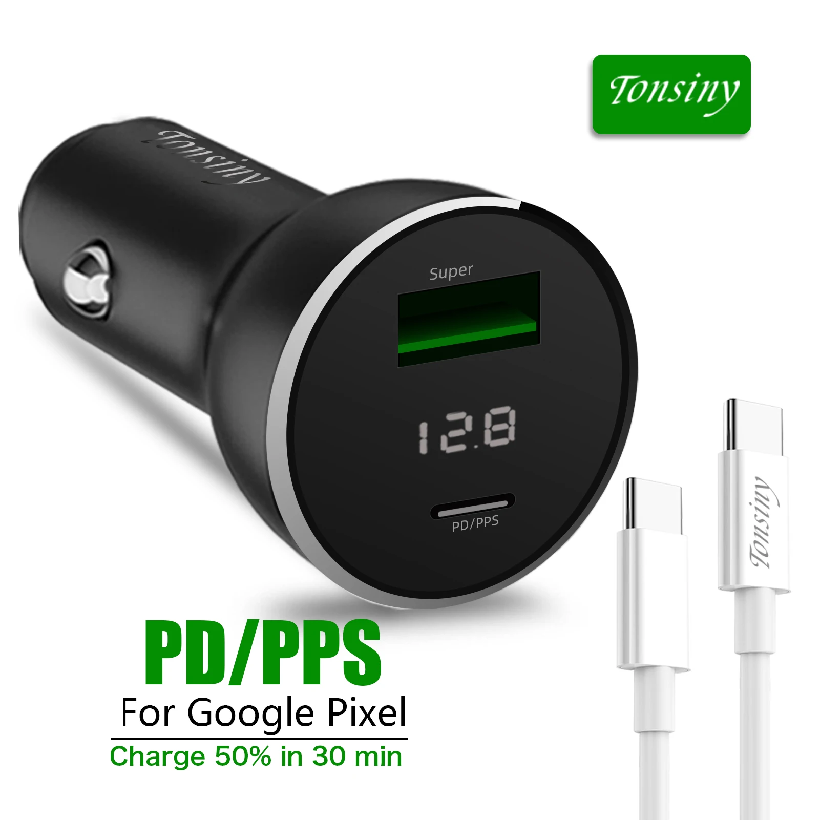 

For Google car charger, 12v usb C socket for Google 7 6 4a, cigarette lighter charger, 2 Port voltage display car phone charger