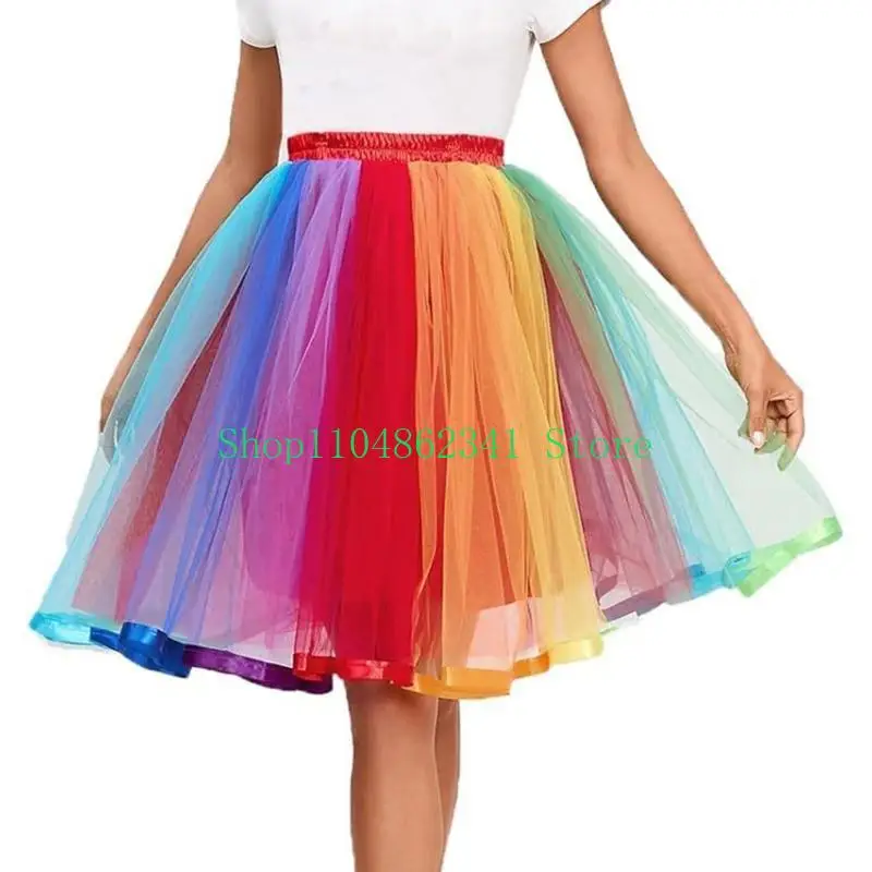5ASD 여성 튤 스커트 탄성 높이 허리 주름 미디 스커트 무지개 무지