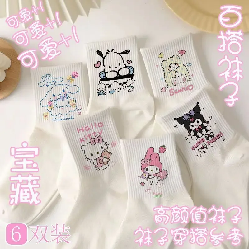 6 Stuks Hello Kitty Anime Kawaii Sanrio Zachte Ins Mode Sokken Vrouwelijke Schattige Cinnamoroll Kuromi Lange Zweet Kous Geschenken Voor Kinderen