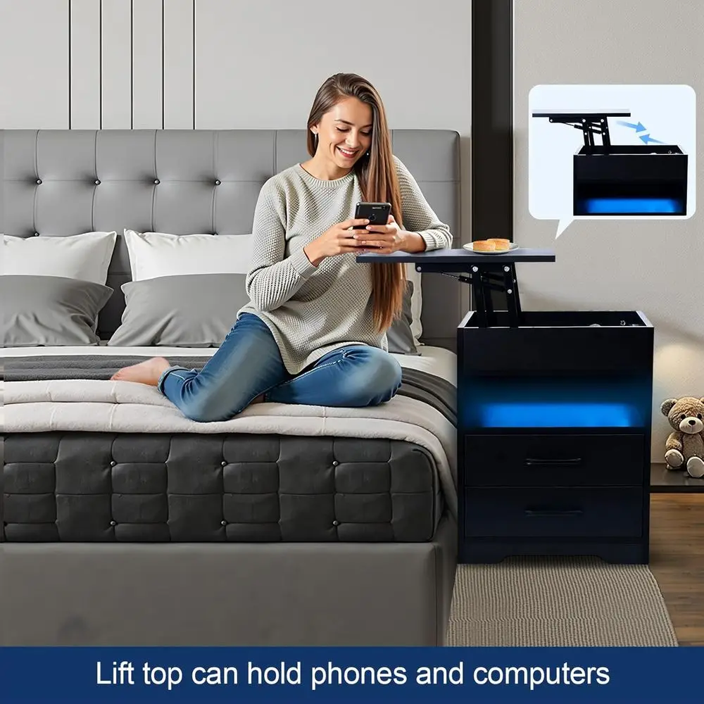 منضدة صديقة للكمبيوتر المحمول مع سطح رفع وعجلات وأضواء LED ومنفذ USB C ومخرج طاقة باللون الأسود