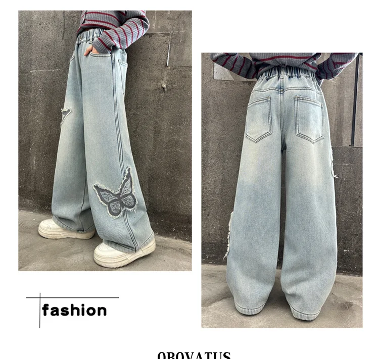 Modische Kinder-Vintage-Jeans in Blau mit Schmetterlings-Applikation für Mädchen, Slim Fit, Gerader Schnitt, Denim-Hosen für 5 bis 14 Jahre – Detail 3