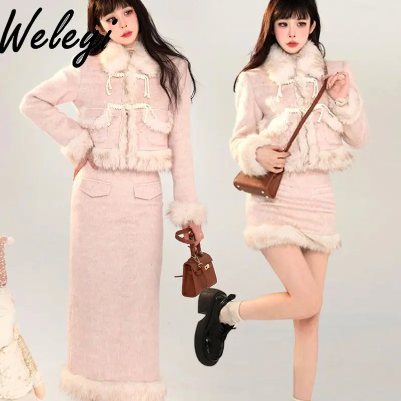 Winter Sweet Outfit Elegant Furry Stitiching Padded Cotton Thickened Short Coat and Ladies Slimming Mid-length Skirts Full Set