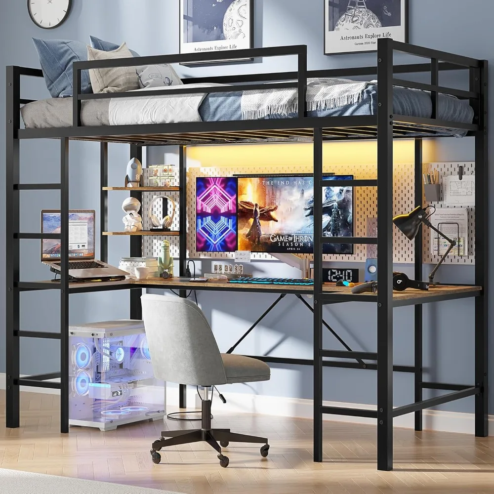 

Twin Size Loft Bed with U-Shaped Desk &Charging Station, Junior Loft Bed Frame with LED Lights, Open Storage Shelves