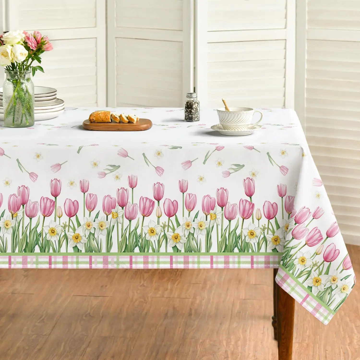 Spring Tulip Flower Pink Buffalo Plaid Tablecloth Holiday Wedding Party Decor Reusable Waterproof Tabel Cloth Dining Table Decor