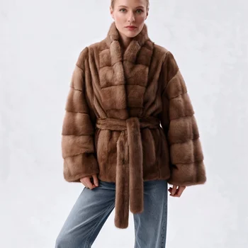 IG 2026 Women Stand Collar Belted Waist Faux Mink Fur Jacket Loose Long Sleeve Luxury Elegant Winter Party Daily Outer Coat 5