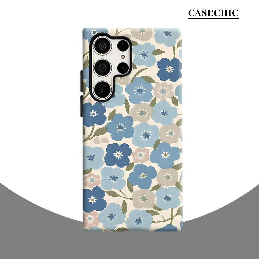 Watercolor Blue Floral Phone Case for Samsung Galaxy S26 S25 Ultra S24 S23 Ultra Plus Shockproof Double layer tough Back Cover