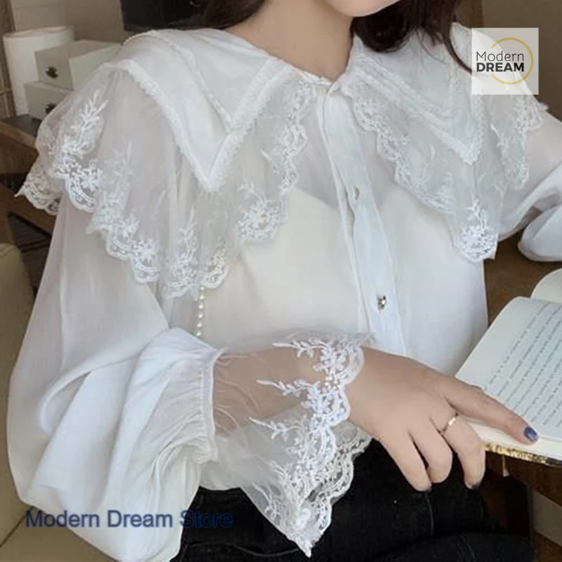 

Korean version of loose doll collar lace long sleeve blouse women's spring and autumn new fashion casual single-breasted shirt.