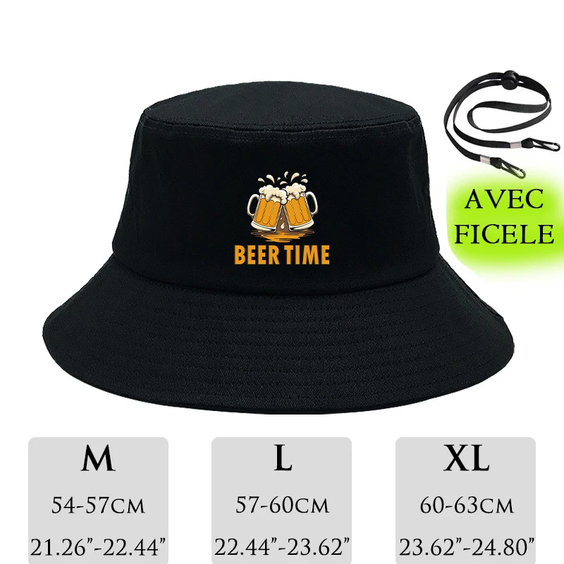 Bucket Hat Big Head Size 60-63cm Beer Theme Print Beer Time Chin Strap Summer Hat for Men Women Fishing Outdoor Travel Bob