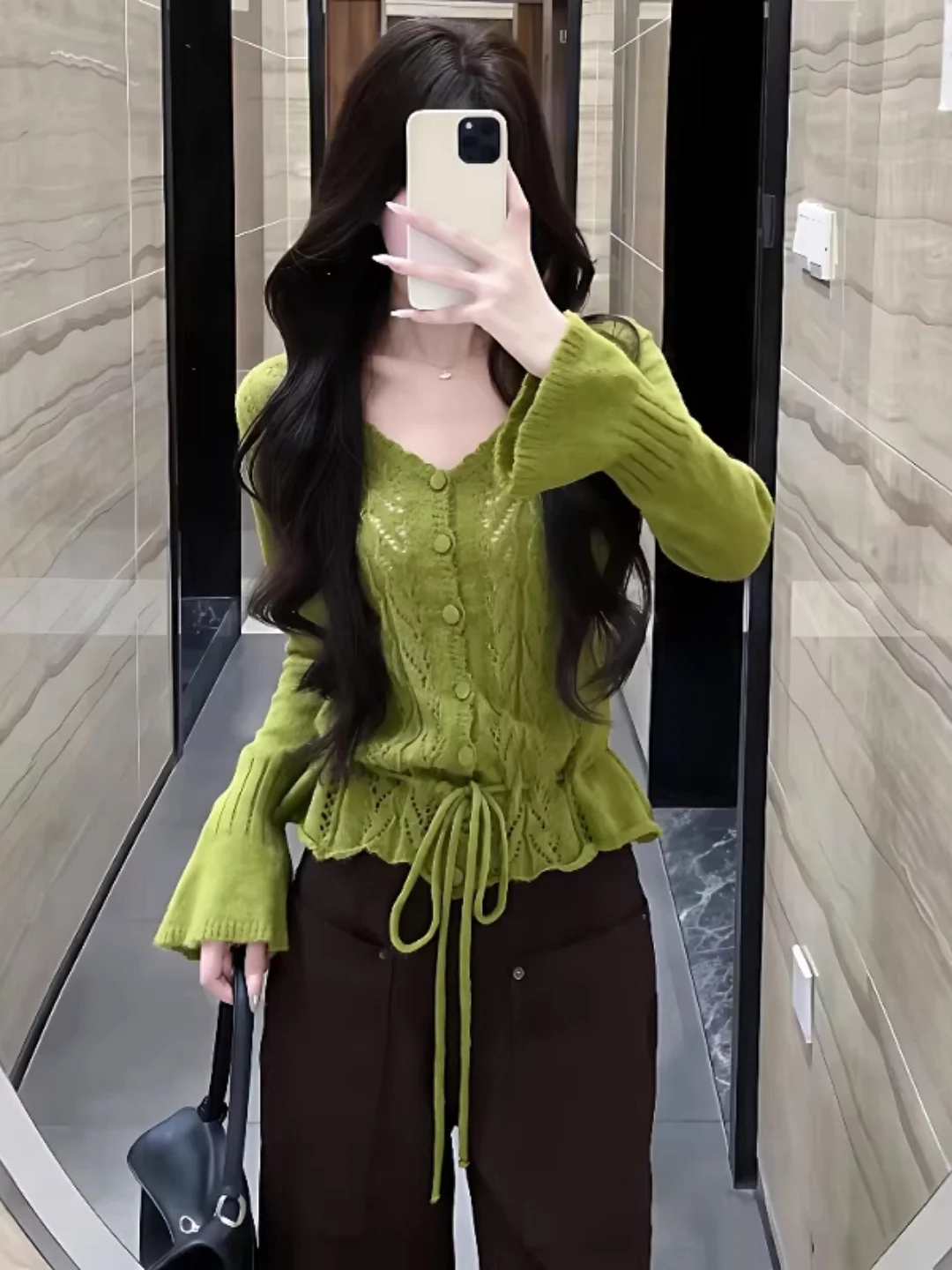 

Delicate Knitted Long Sleeve Cardigan Women's Drawstring Flower Hook Early Spring Top Soft Style Fitted Korean Series