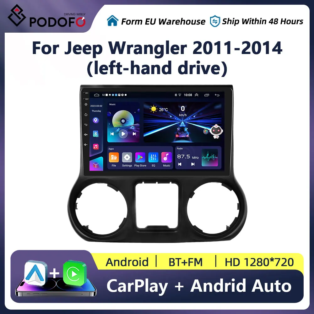 Podofo Car Radio for Jeep Wrangler(left-hand drive) GPS Navigation Car Unit with Touch Screen Carplay Multimedia Video Player